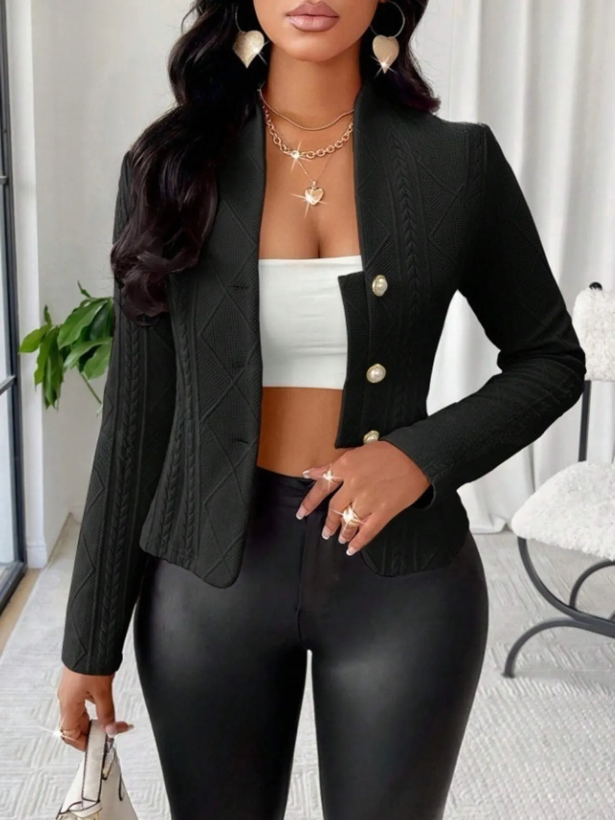Textured Button Up Long Sleeve Jacket in Black