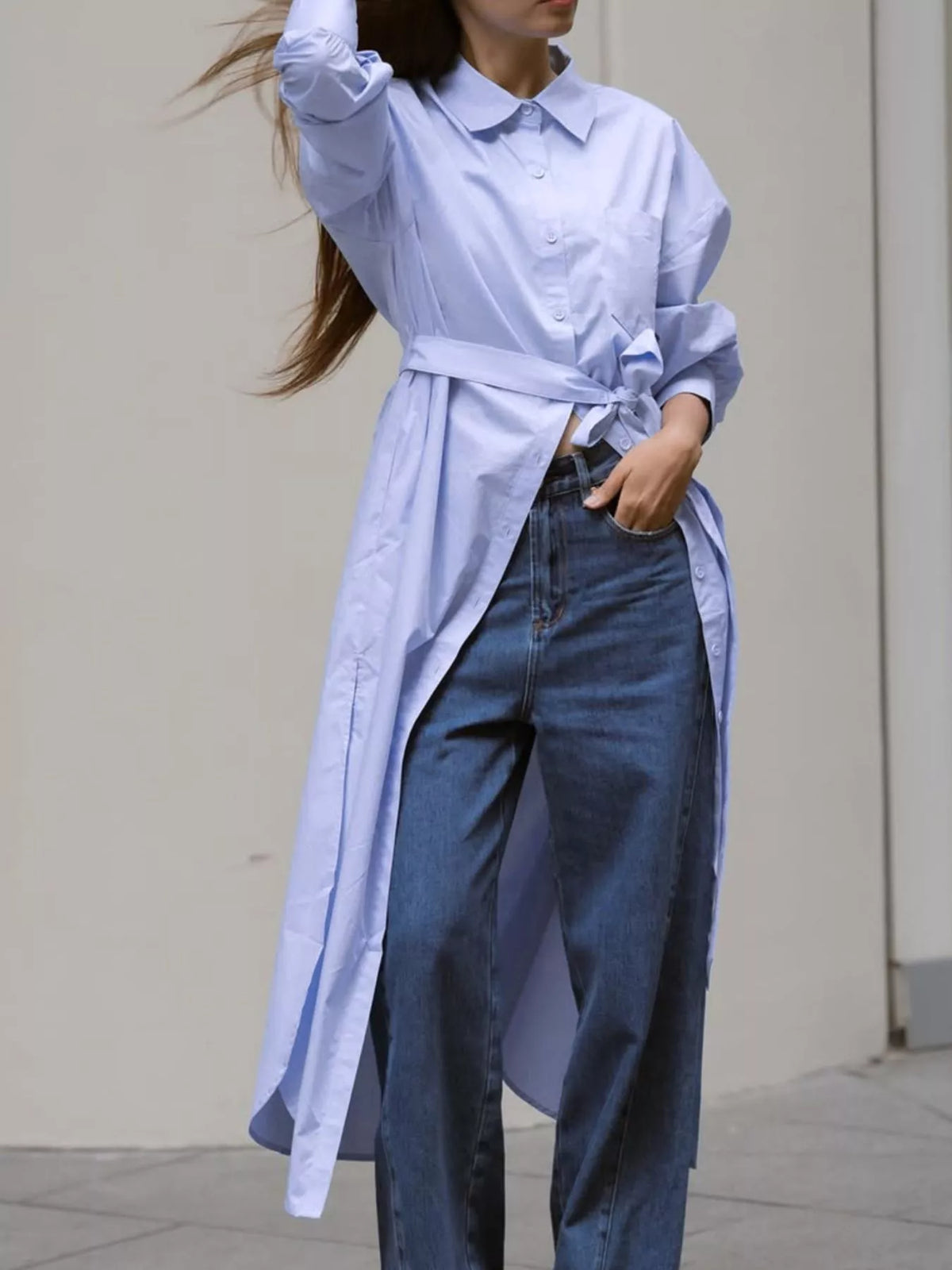 Longline Button-Down Shirt in Blue, view 3