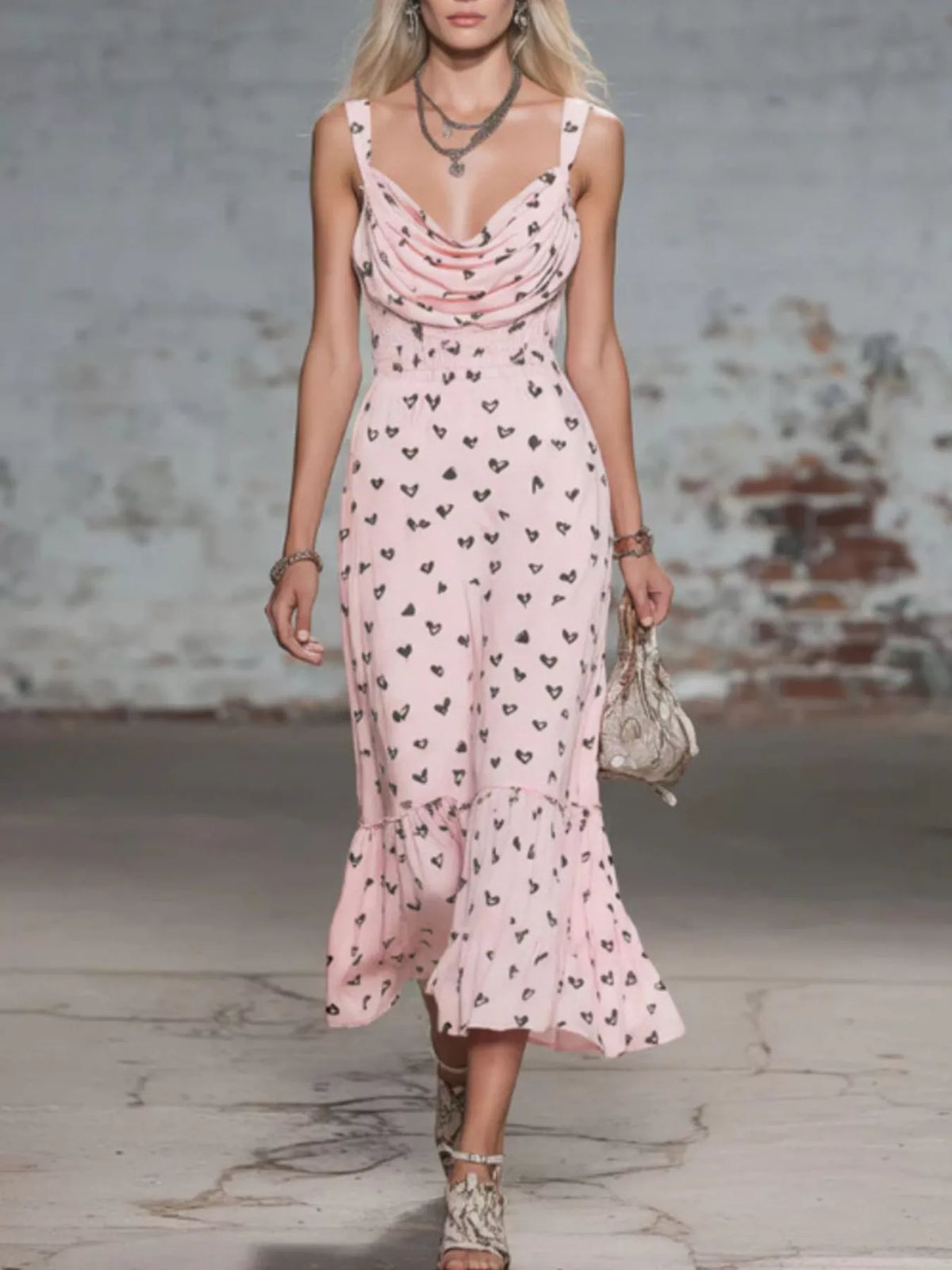 Heart-Print Cowl Neck Midi Dress
