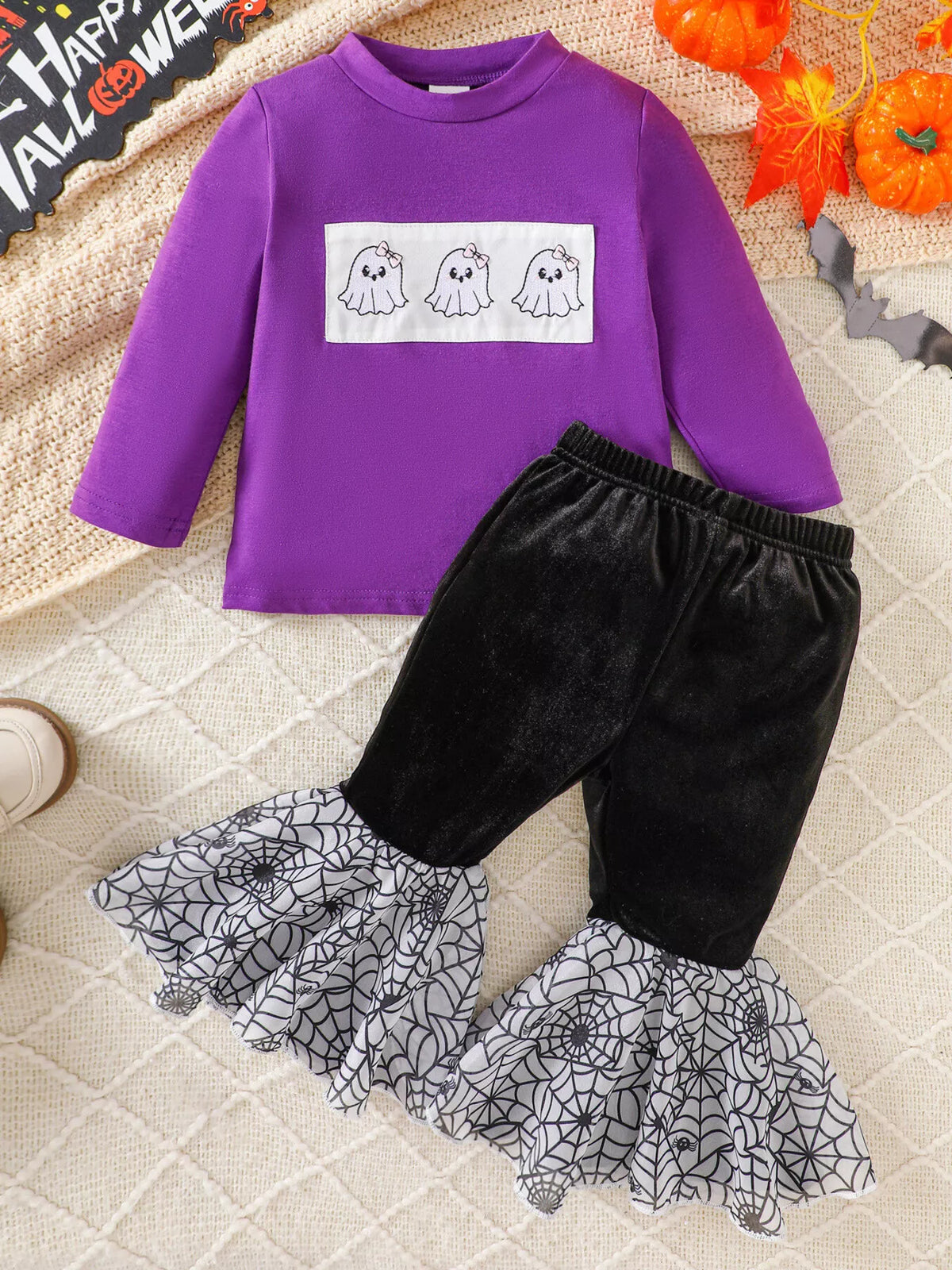 Children's Halloween Pumpkin Long Sleeve Top and Spiderweb Bell Bottom Set - Lilixa.store