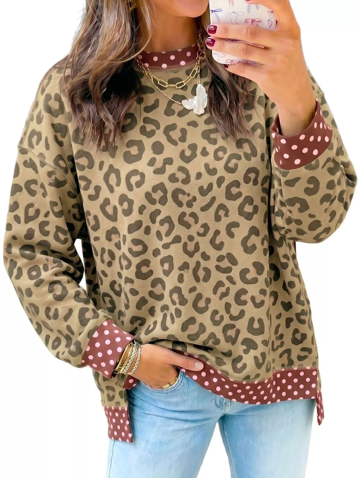 Side Slit Leopard Sweatshirt with Polka Dot Trim - Lilixa.store