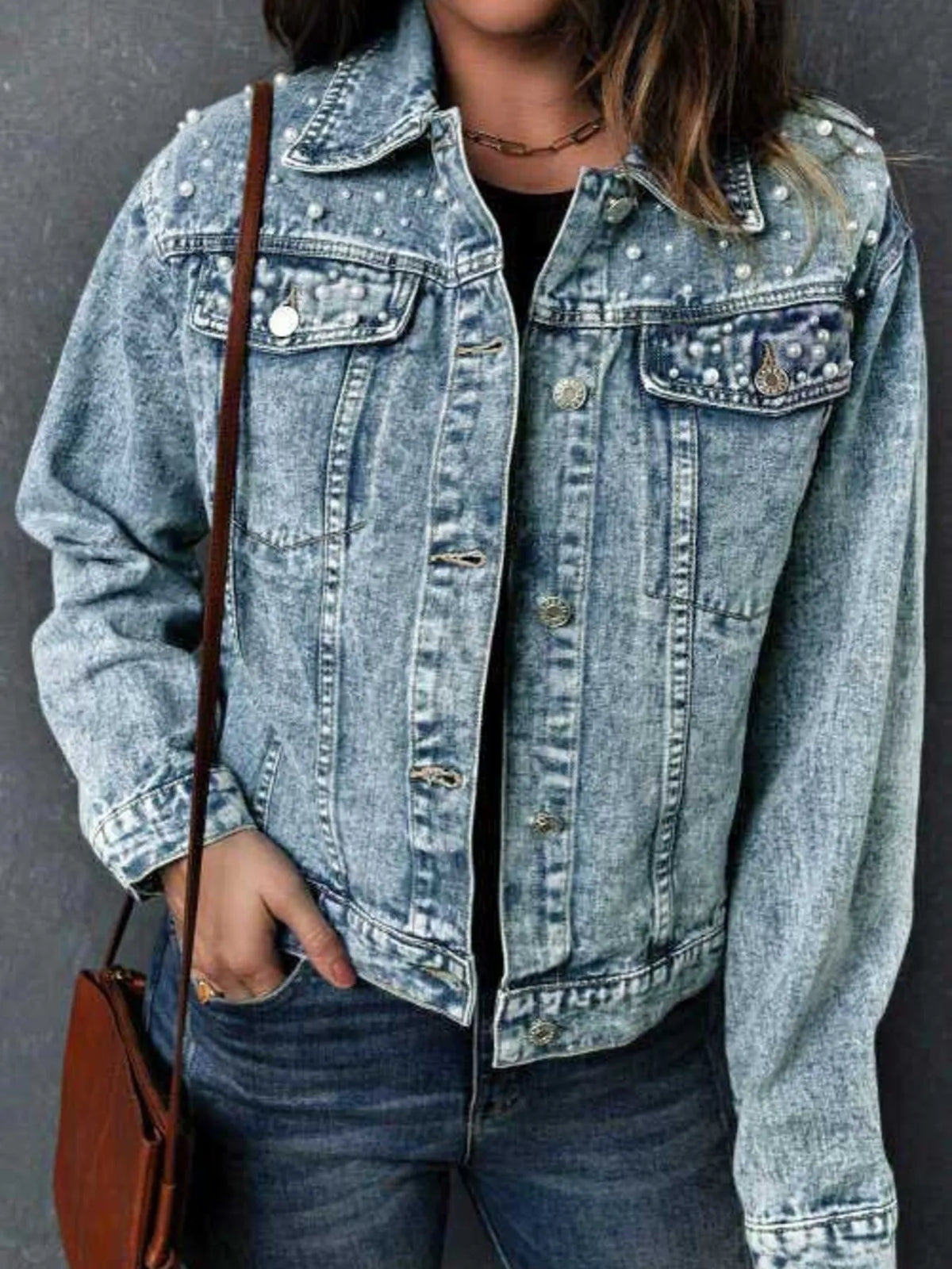 Full Size Pearl Detail Button Up Long Sleeve Denim Jacket Plus Size in Denim Blue, view 3