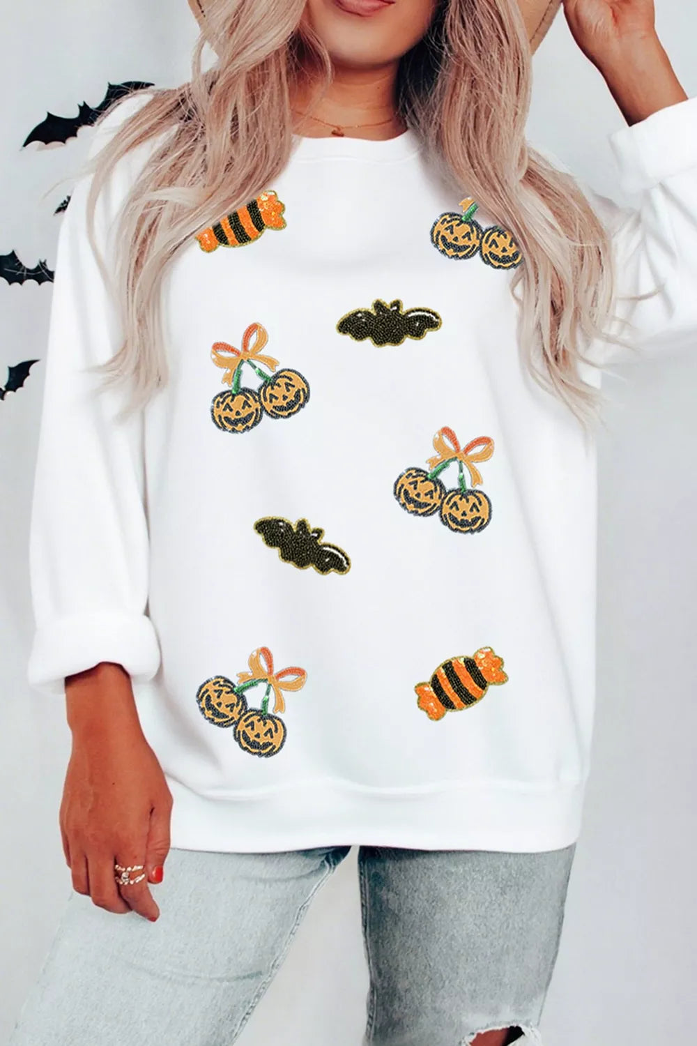Sequin Halloween Pattern Pullover Sweatshirt