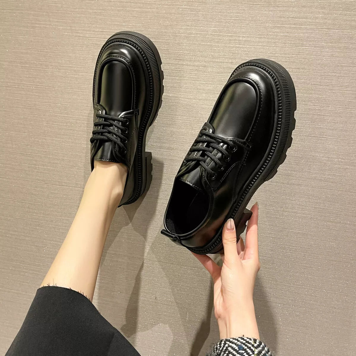 Chunky Platform Lace-Up Loafers with Glossy Finish in Black, view 4