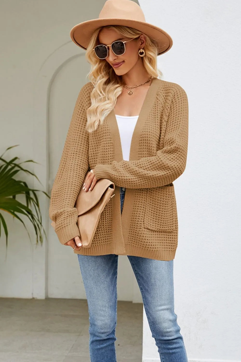 Open Front Raglan Sleeve Pocketed Cardigan - Lilixa.store