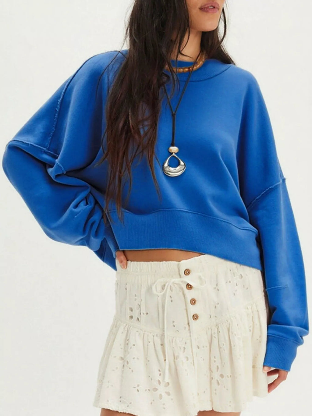 Exposed Seam Dropped Shoulder Sweatshirt - Lilixa.store