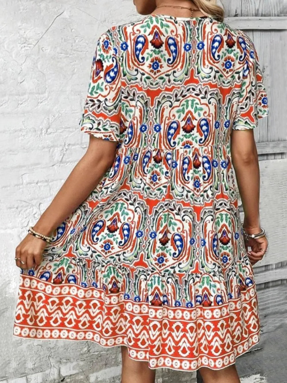 Printed Tie Neck Short Sleeve Dress - Lilixa.store