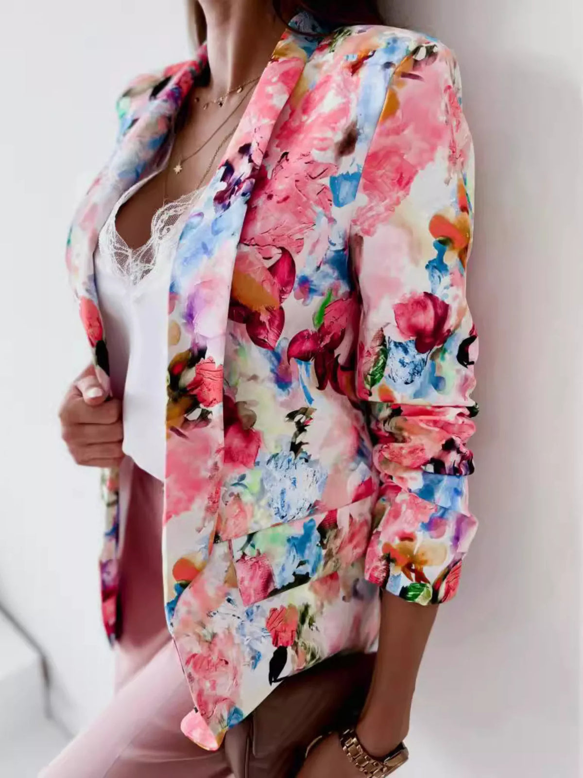 Vibrant Floral Print Open Front Blazer - Lilixa.store