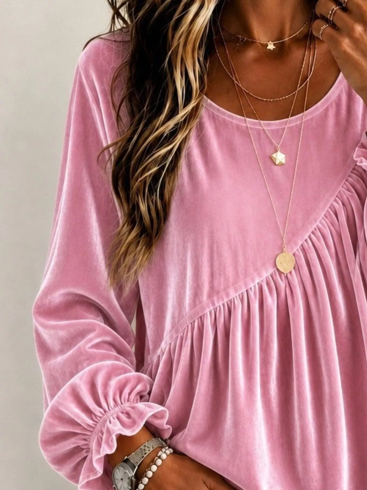 Full Size Velvet Round Neck Long Sleeve Blouse Plus Size - Lilixa.store