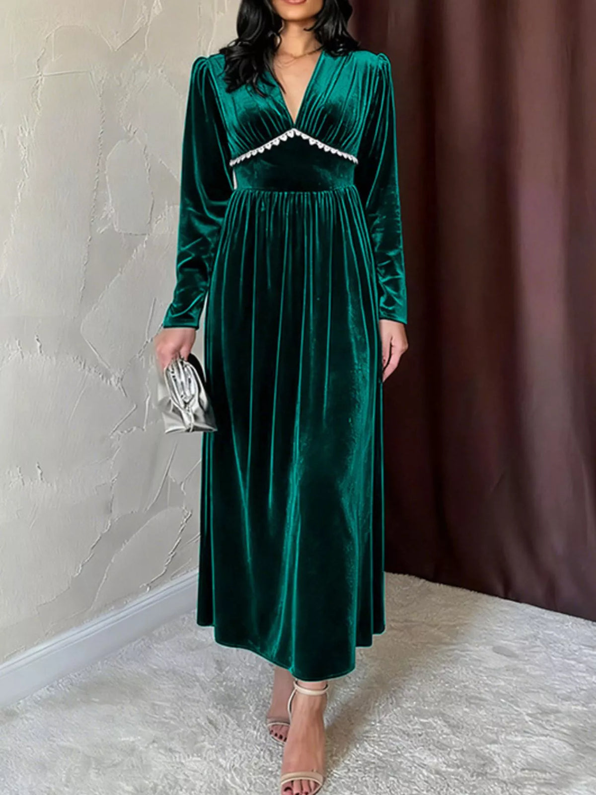 Velvet V-Neck Long Sleeve Maxi Dress - Lilixa.store
