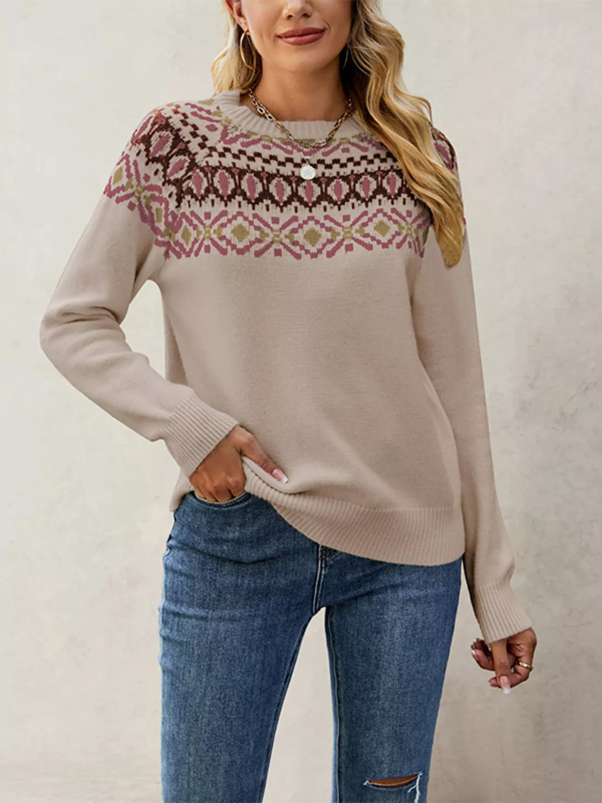 Fair Isle Pattern Crew Neck Sweater