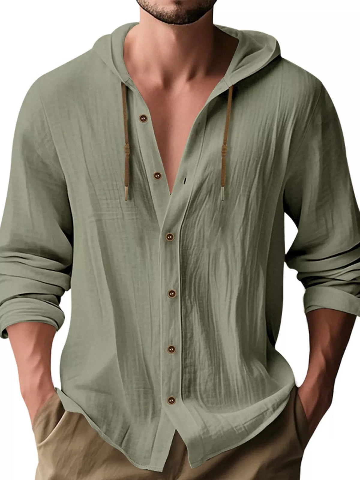 Men's Full Size Drawstring Button Up Hooded Shirt Plus Size - Lilixa.store