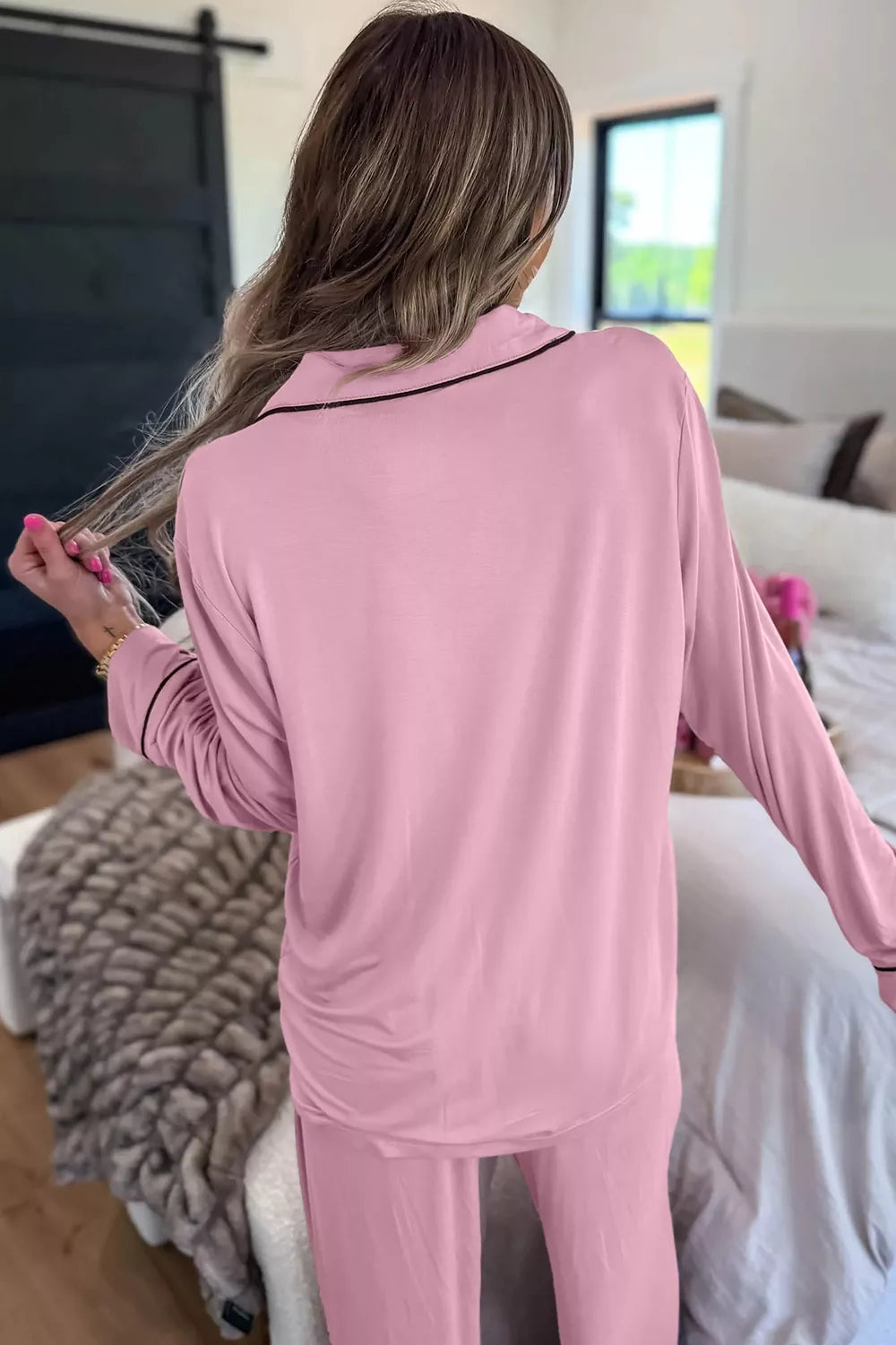Contrast Trim Button Up Top and Pants Set - Lilixa.store
