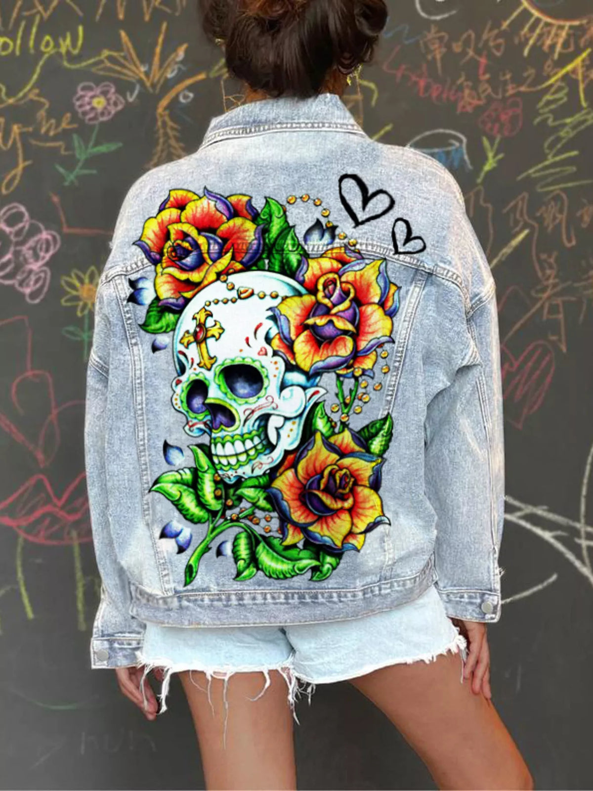 Full Size Skull Graphic Button Up Denim Jacket Plus Size - Lilixa.store