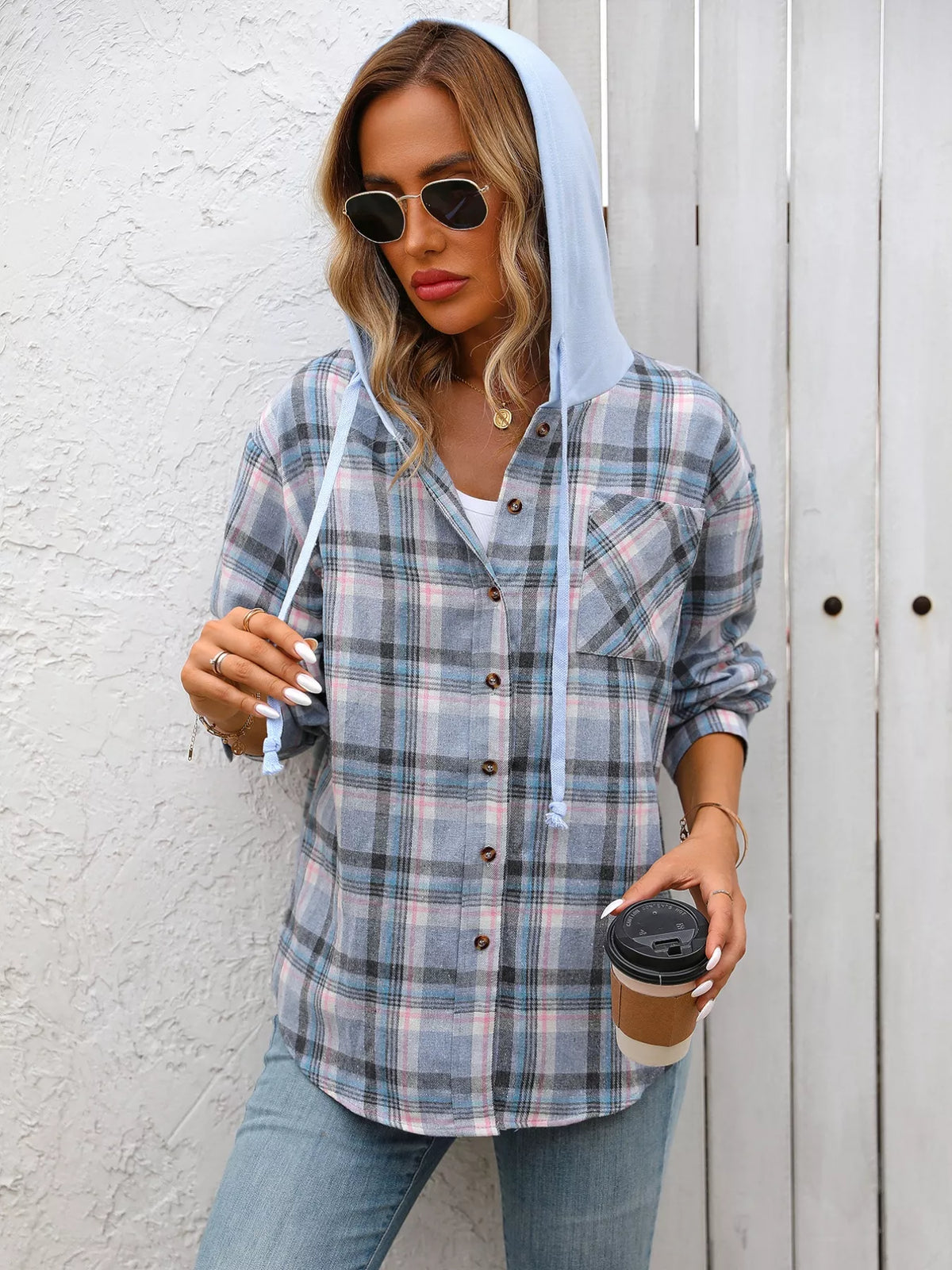 Plaid Button-Up Hooded Shirt with Chest Pocket - Lilixa.store