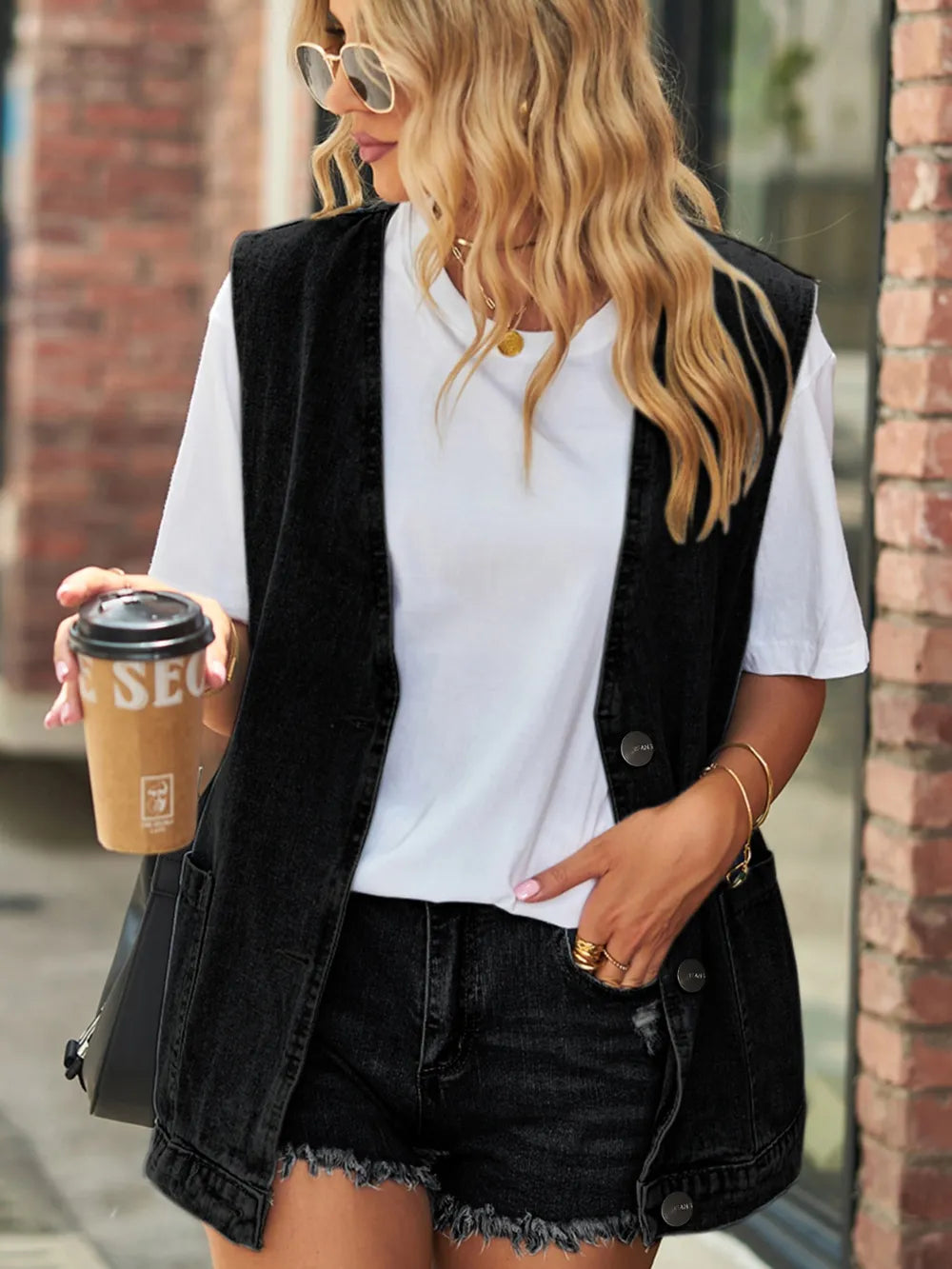 Full Size V-Neck Button Up Denim Vest - Lilixa.store