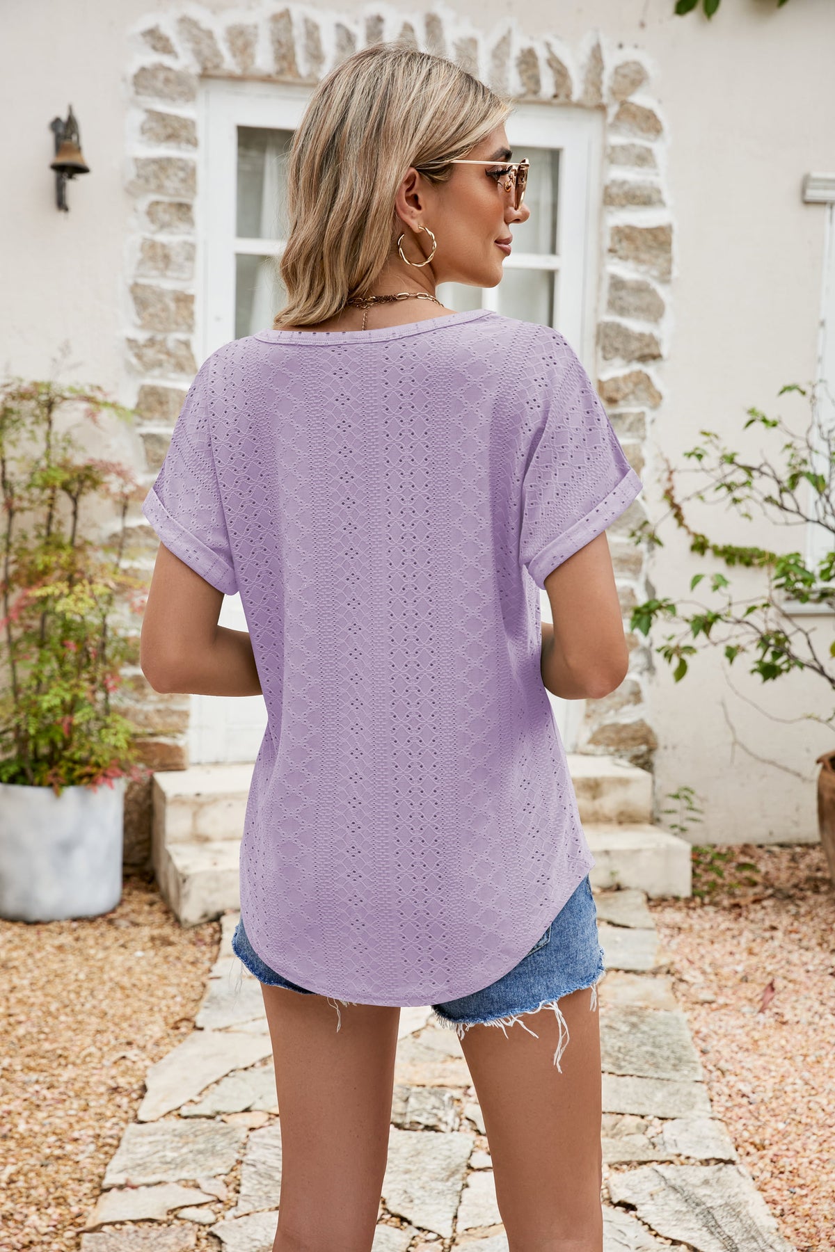 Full Size Round Neck Eyelet Short Sleeve Top, view 18