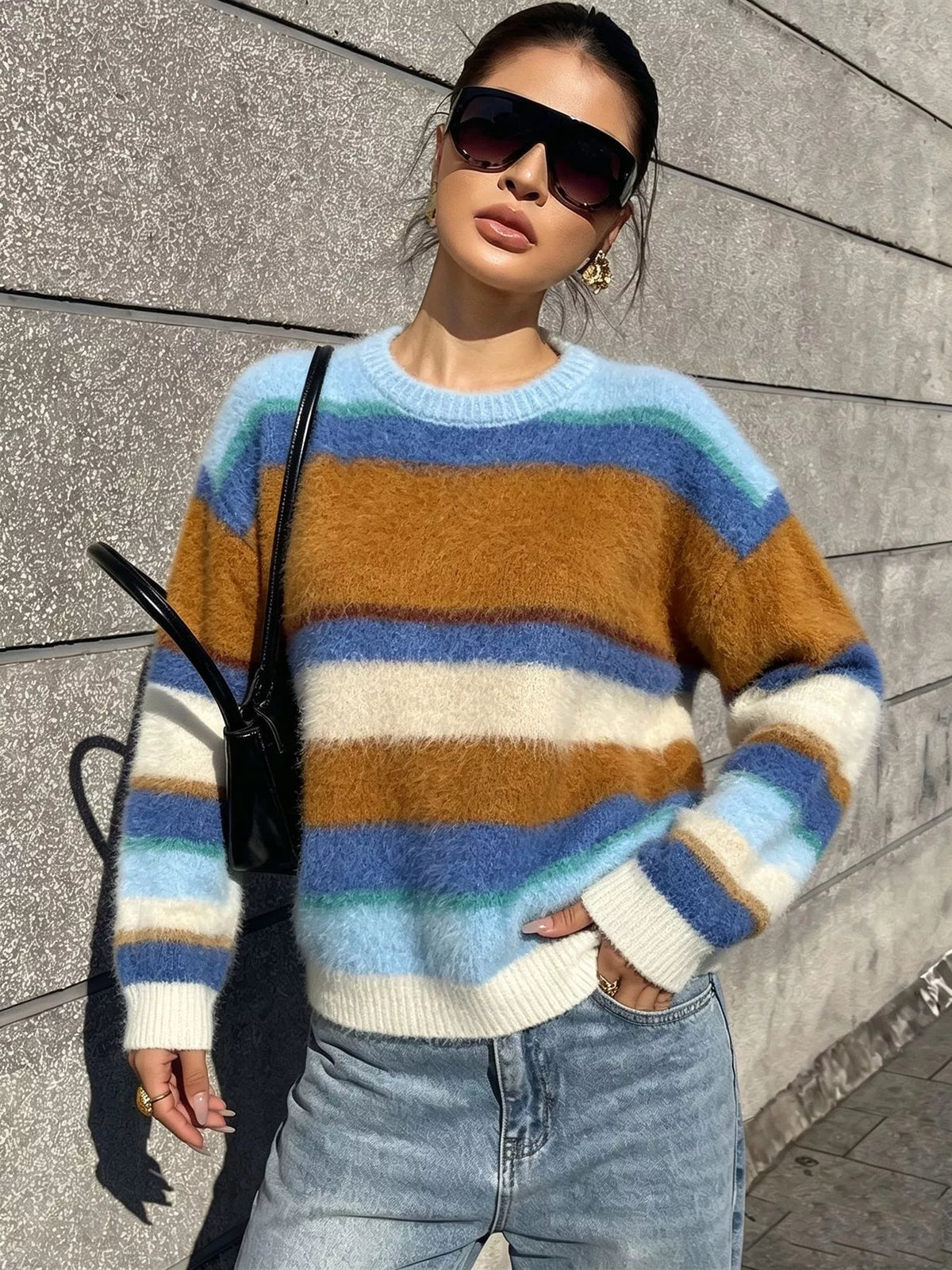 Fuzzy Striped Crew Neck Sweater in Blue