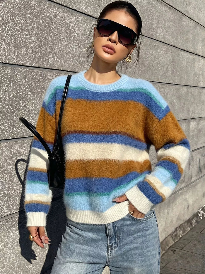 Fuzzy Striped Crew Neck Sweater in Blue