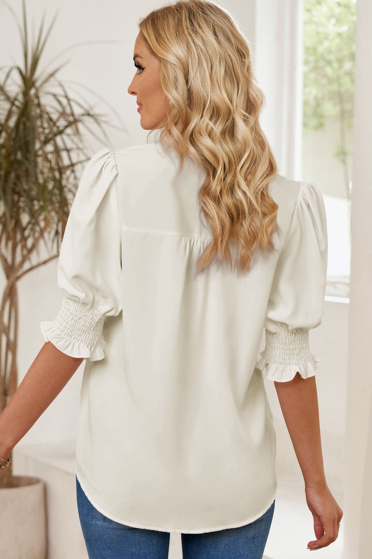 Smocked Flounce Sleeve Notched Neck Blouse, view 16