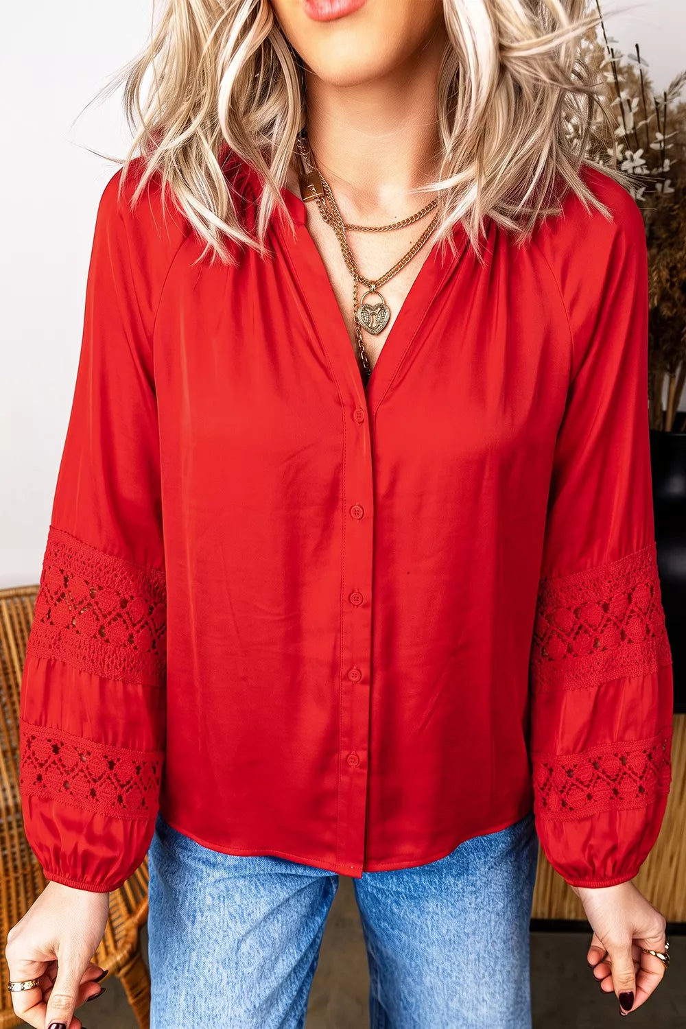 Christmas Patchwork Lace Long Sleeve V Neck Button Front Shirt in Scarlet, view 3