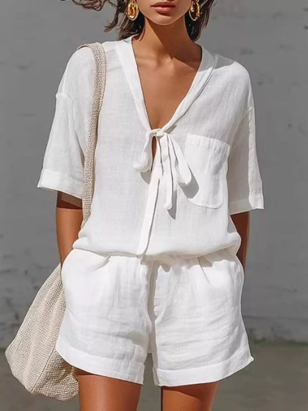 Tie-Front Half Sleeve Shirt and Shorts Set in White