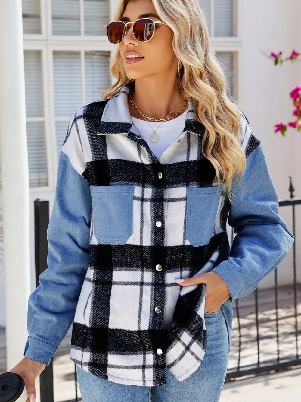 Pocketed Plaid Snap Down Denim Jacket in Dusty Blue, view 6