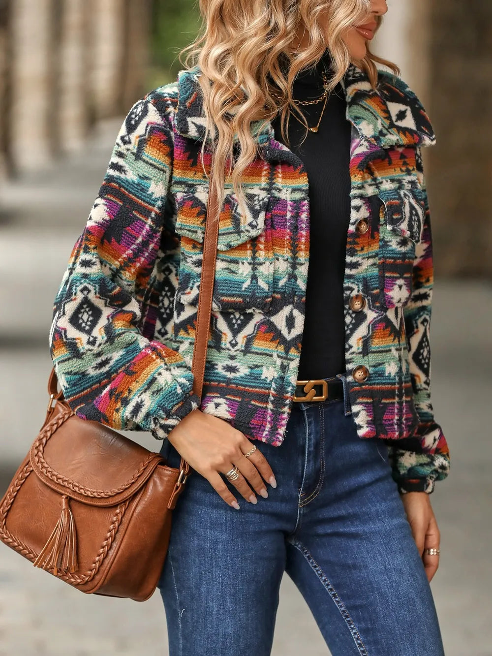 Geometric Dropped Shoulder Balloon Sleeve Outerwear - Lilixa.store
