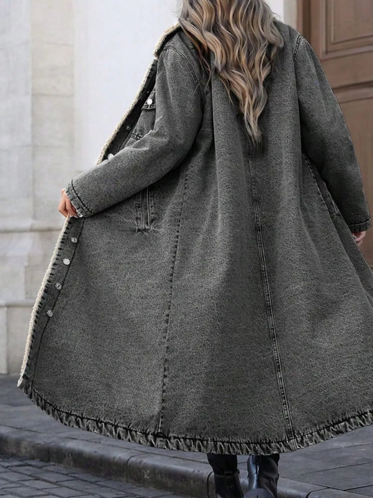 Sherpa Lined Longline Denim Jacket, view 13