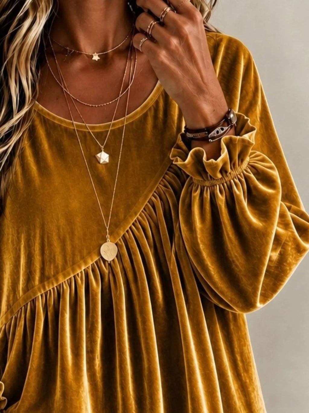 Full Size Velvet Round Neck Long Sleeve Blouse Plus Size - Lilixa.store