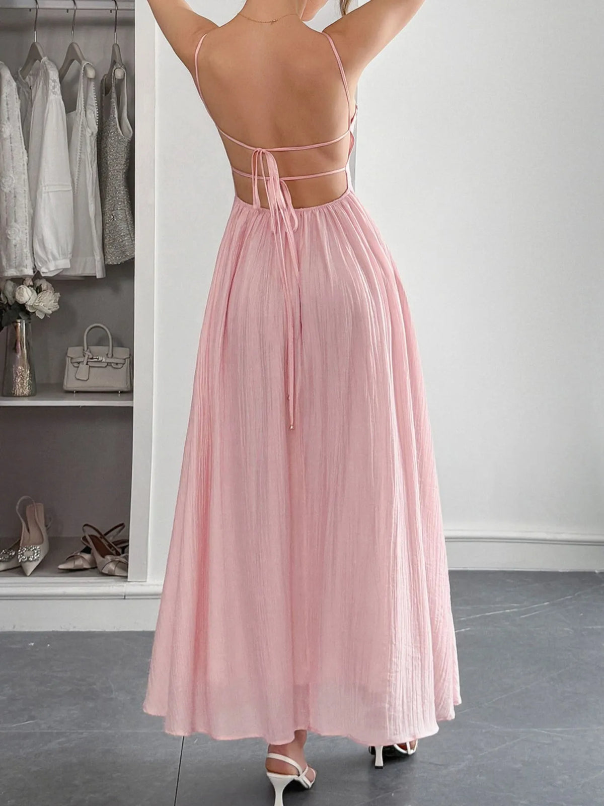 Texture Sweetheart Neck Backless Cami Dress - Lilixa.store