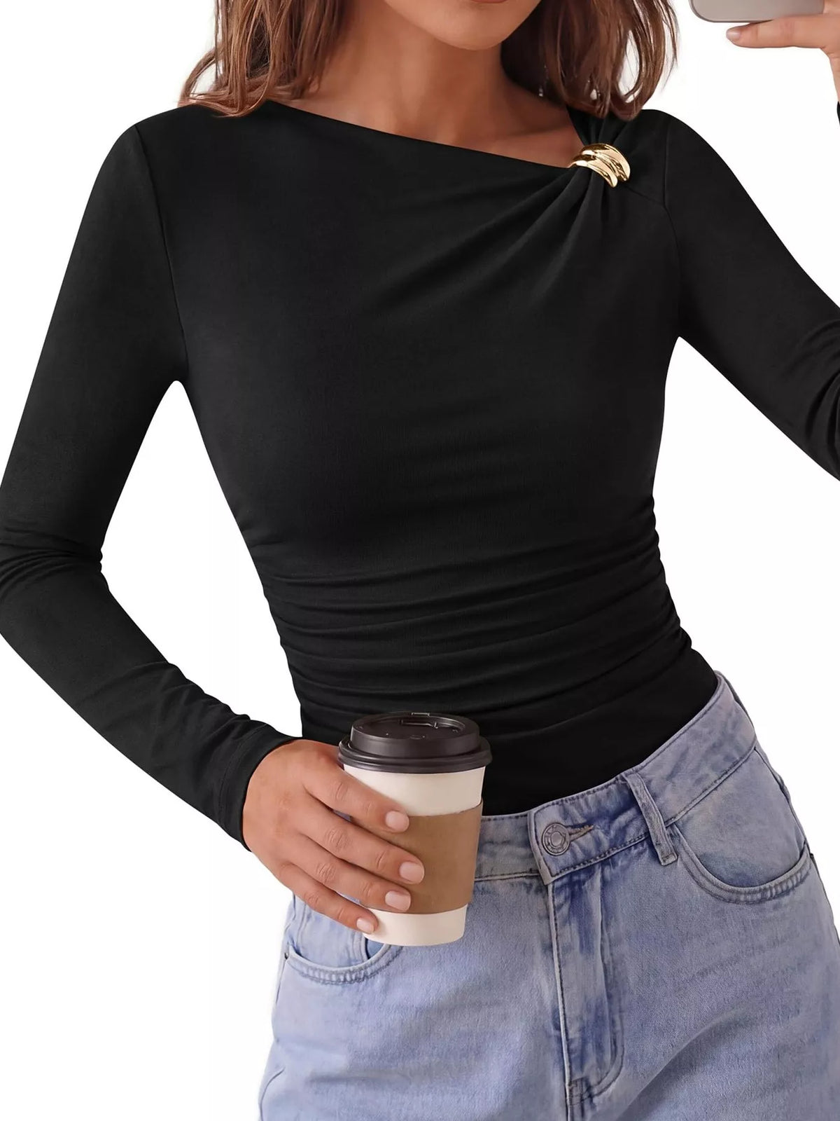 Metal Detail Long Sleeve T-Shirt - Lilixa.store