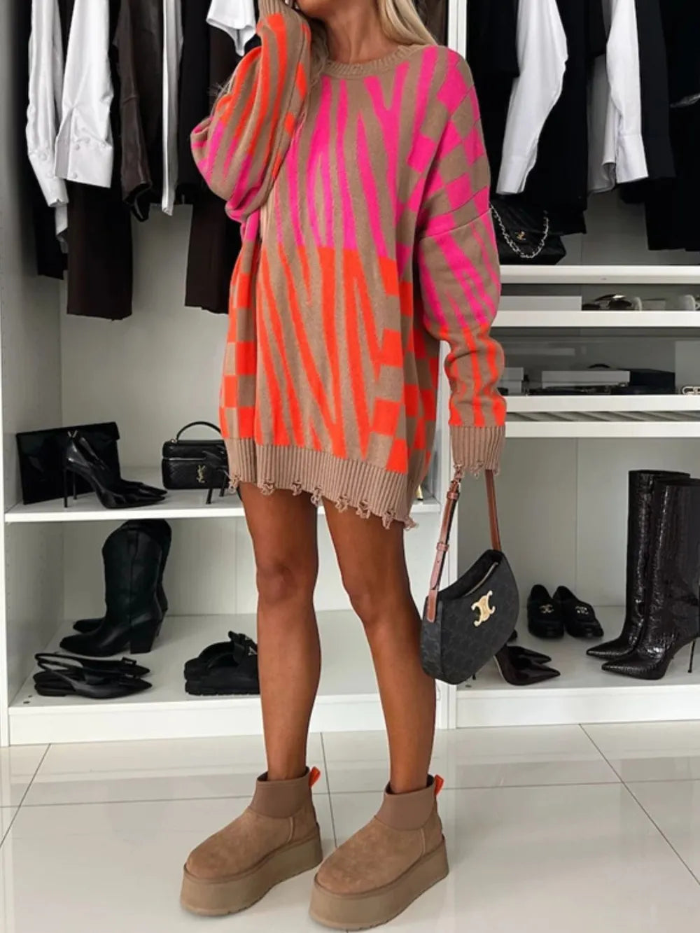 Contrast Round Neck Long Sleeve Oversize Sweater, view 2