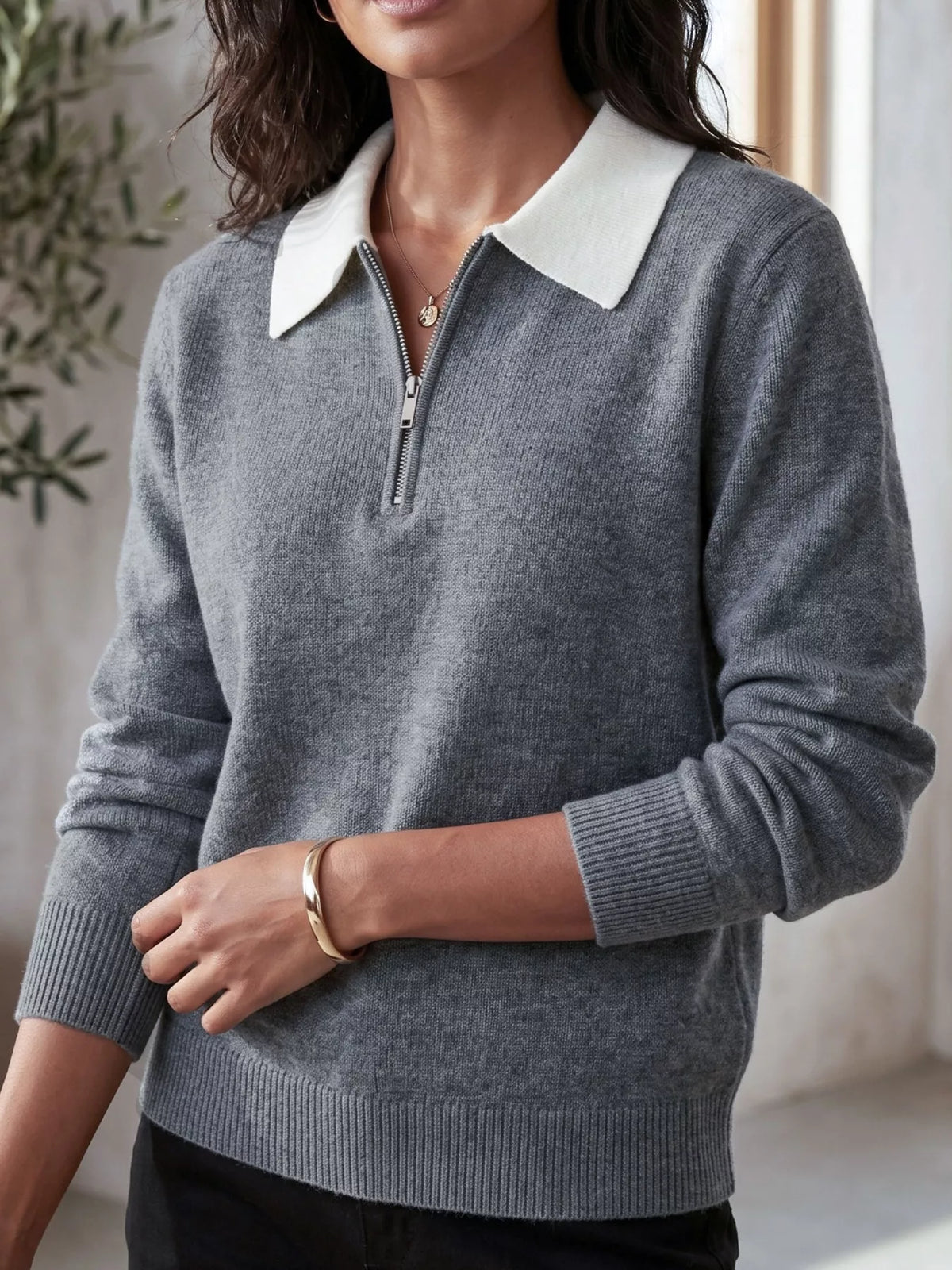 Contrast Collar Quarter Zip Sweater - Lilixa.store