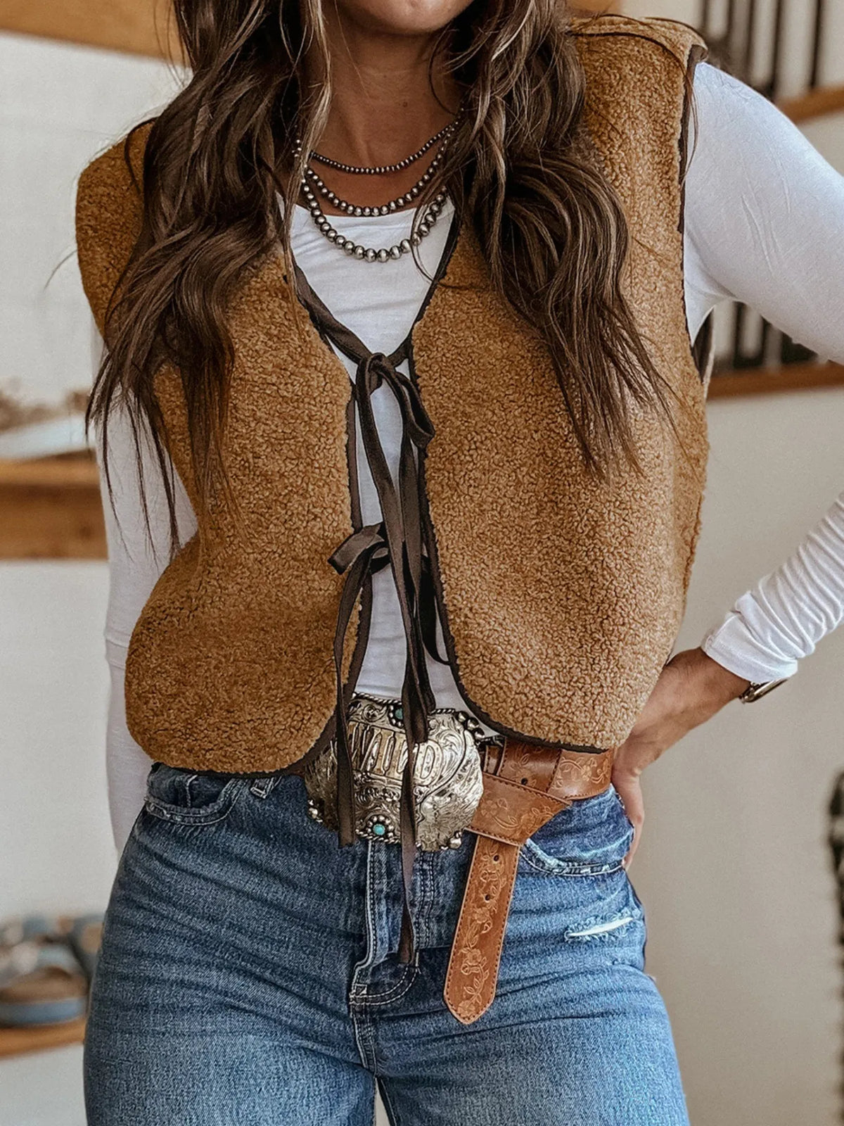 Double Tied Front Vest Coat in Light French Beige, view 3
