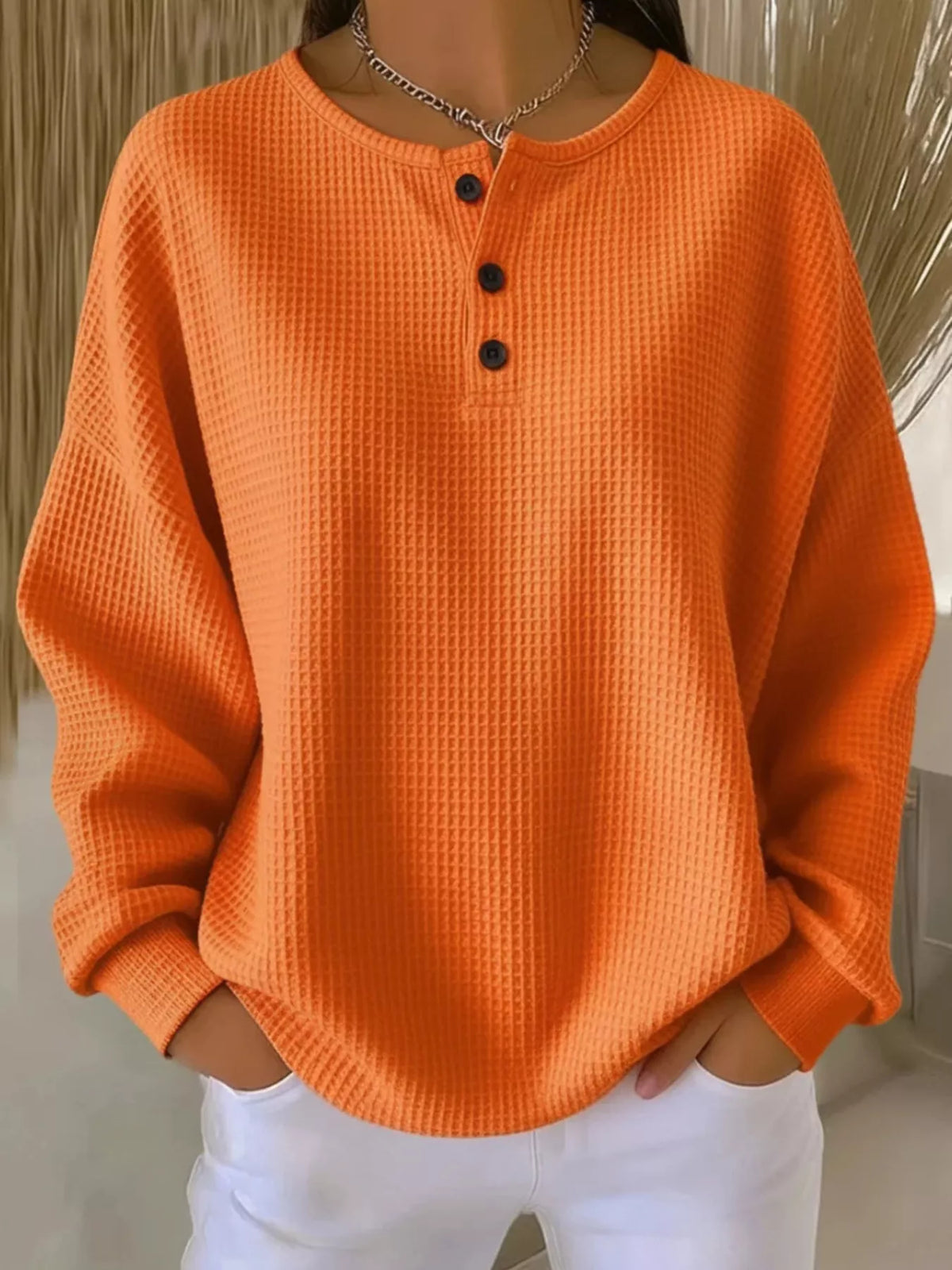 Full Size Waffle Knit Button Detail Top Plus Size - Lilixa.store