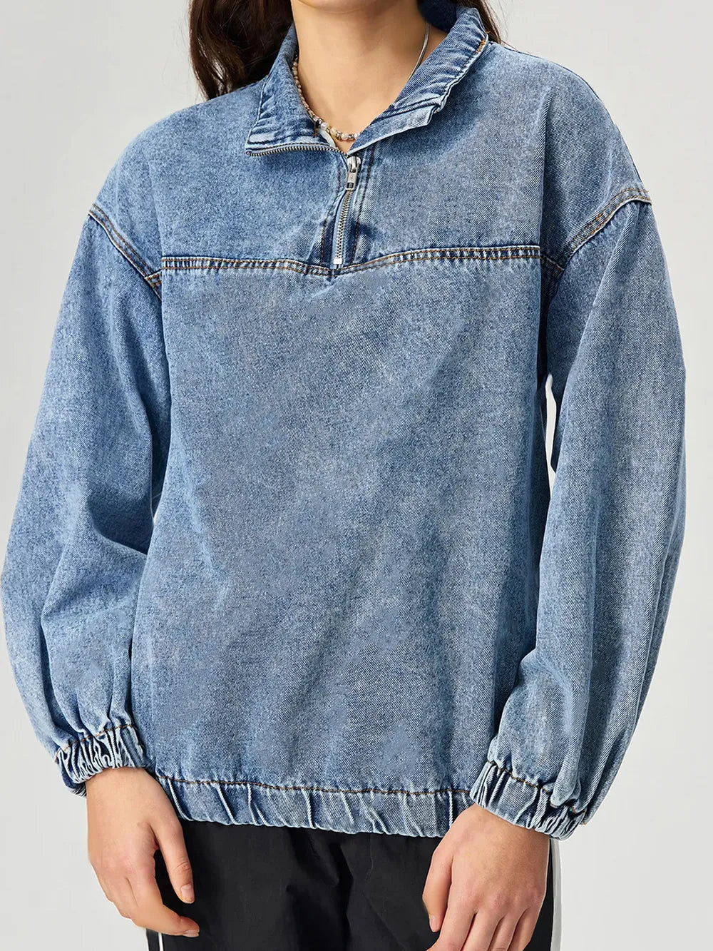 Quarter Zip Collared Neck Denim Top - Lilixa.store