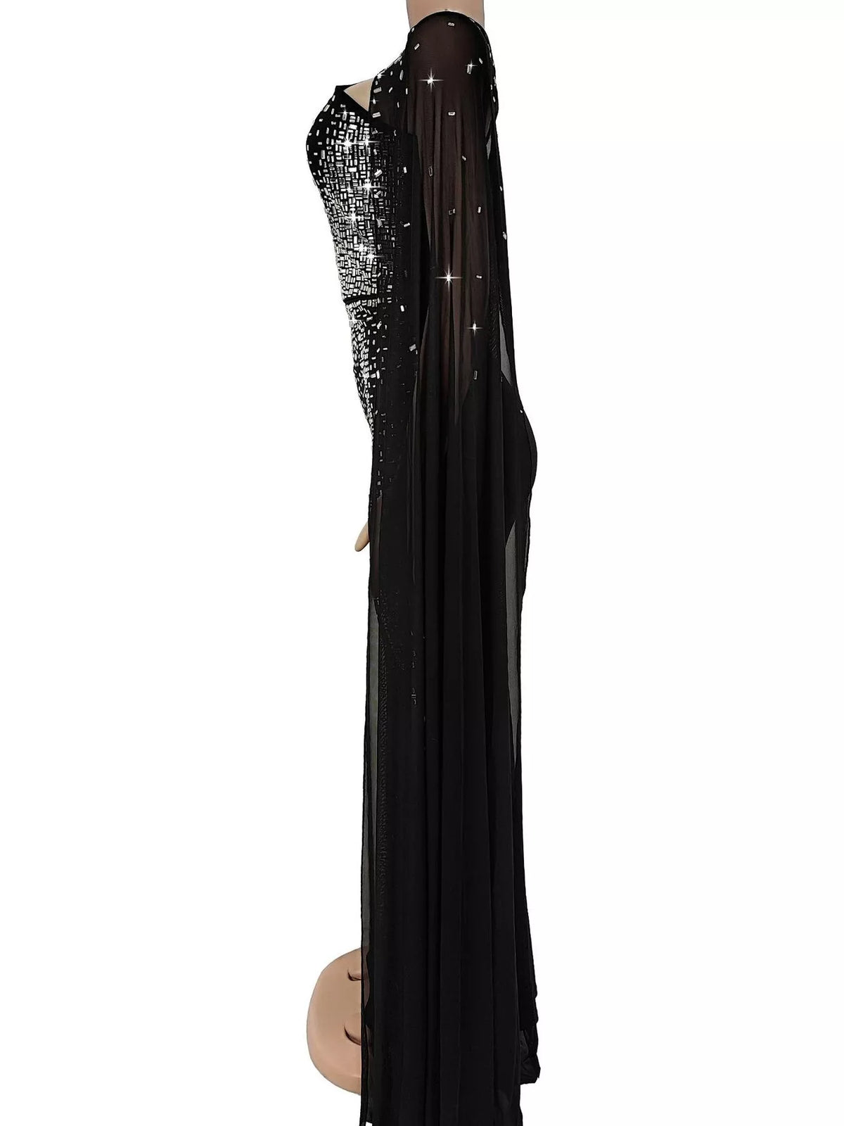 Rhinestone Embellished Cape Maxi Dress - Lilixa.store