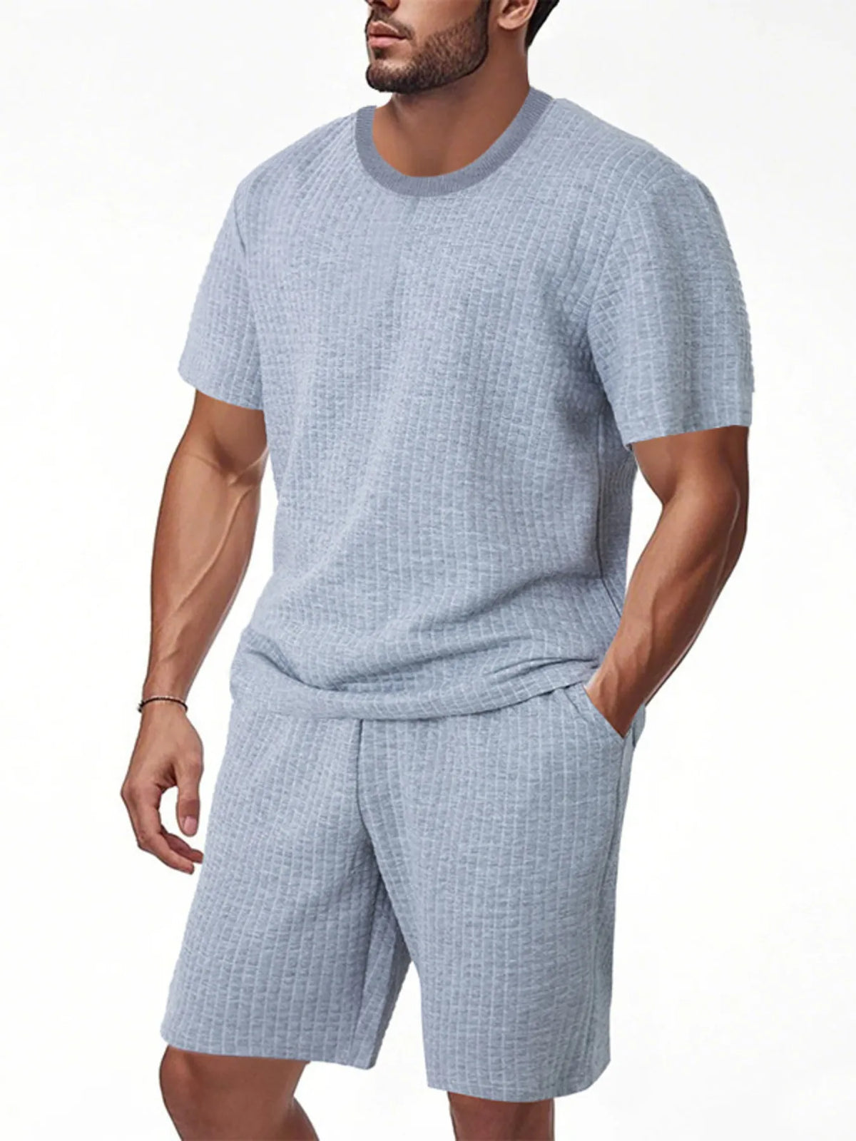 Men's Full Size Textured Round Neck Top and Shorts Set Plus SIze, view 11