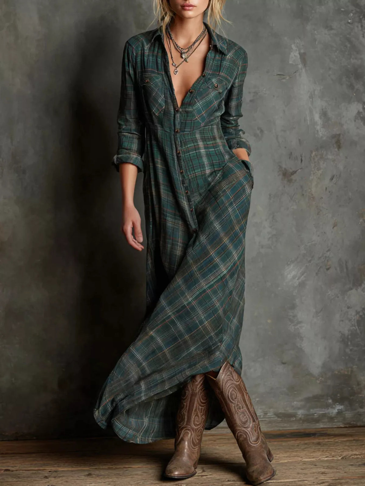 Vintage Plaid Button-Down Maxi Shirt Dress in Dark Green