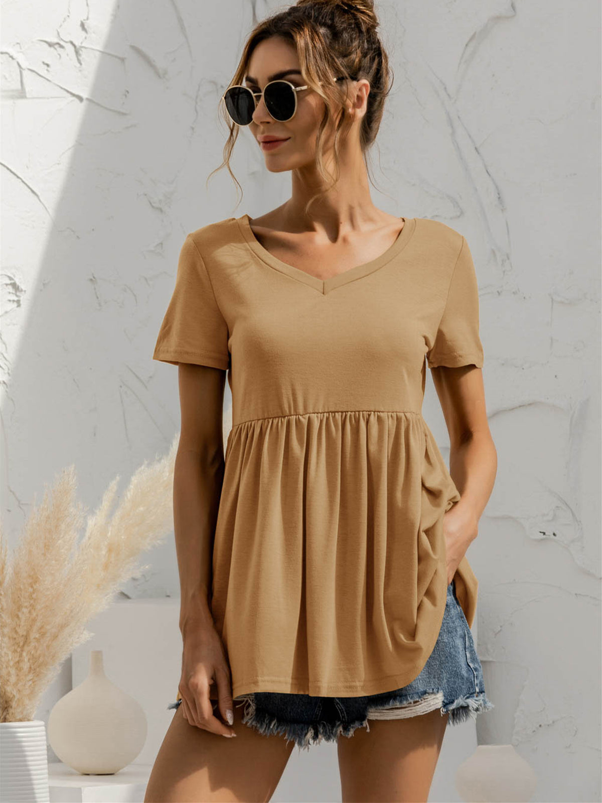 V-Neck Short Sleeve Babydoll Top in Khaki