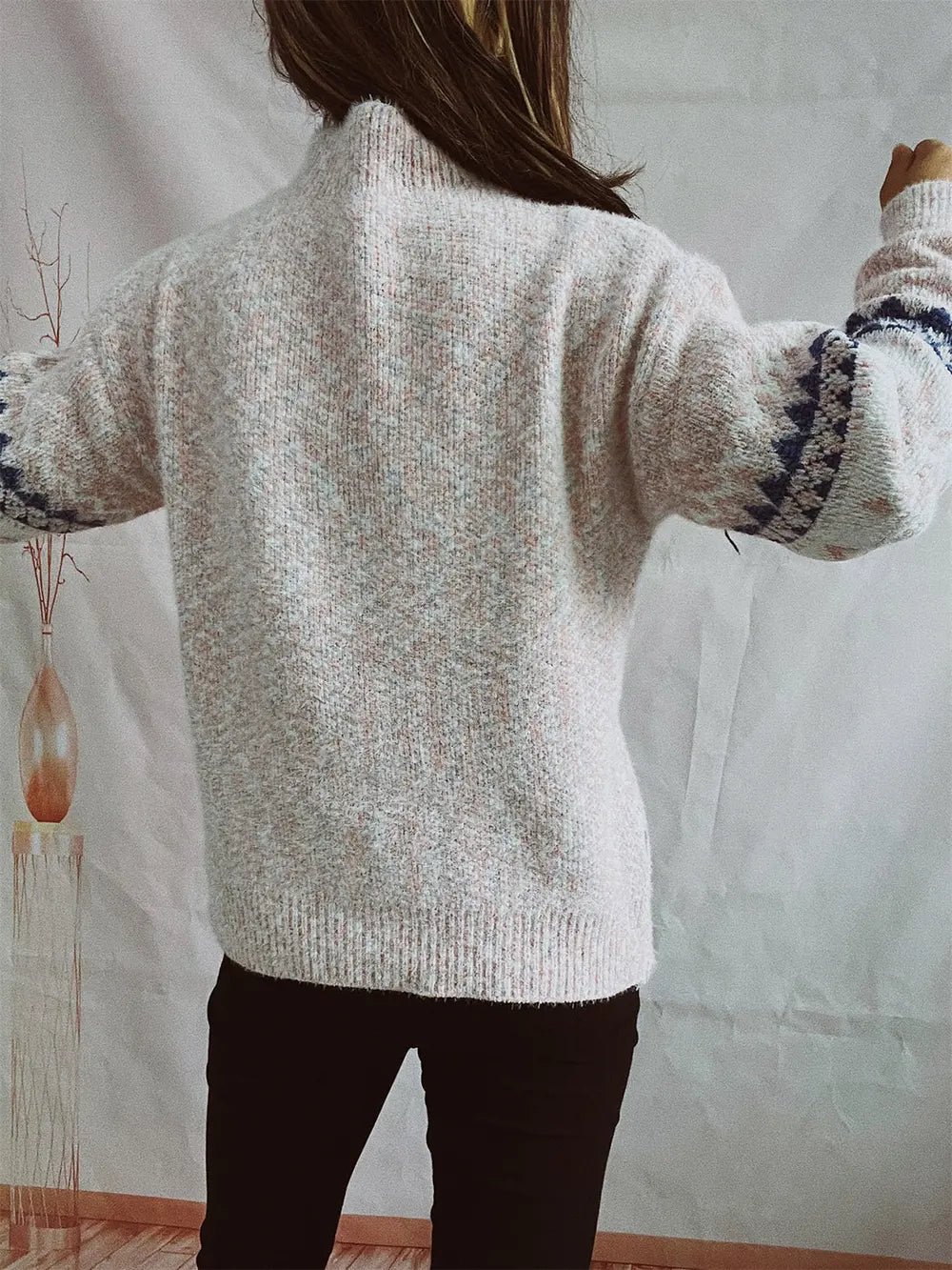 Geometric Mock Neck Dropped Shoulder Sweater, view 4