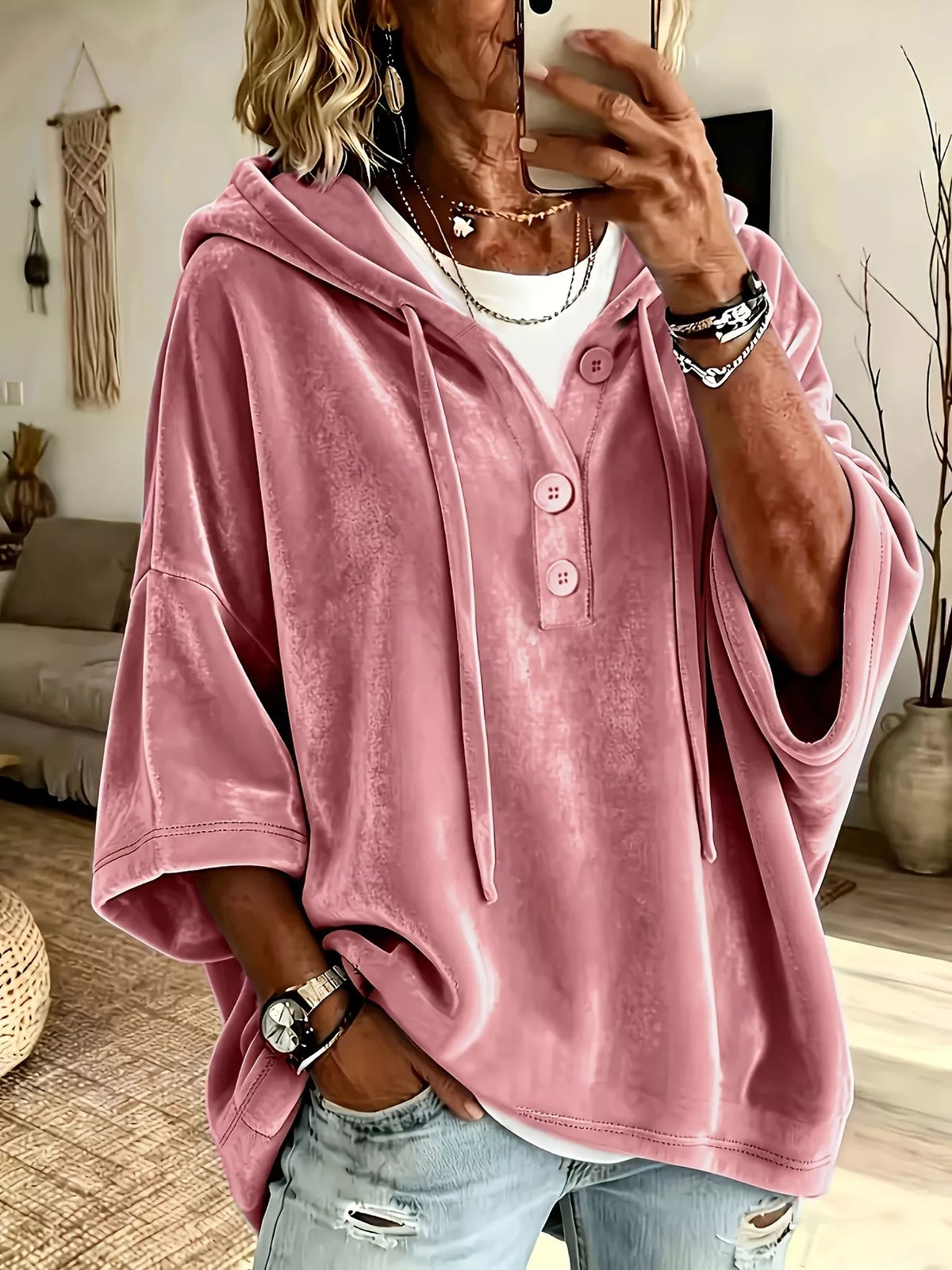 Full Size Velvet Button Detail Drawstring Hoodie Plus Size in Pink