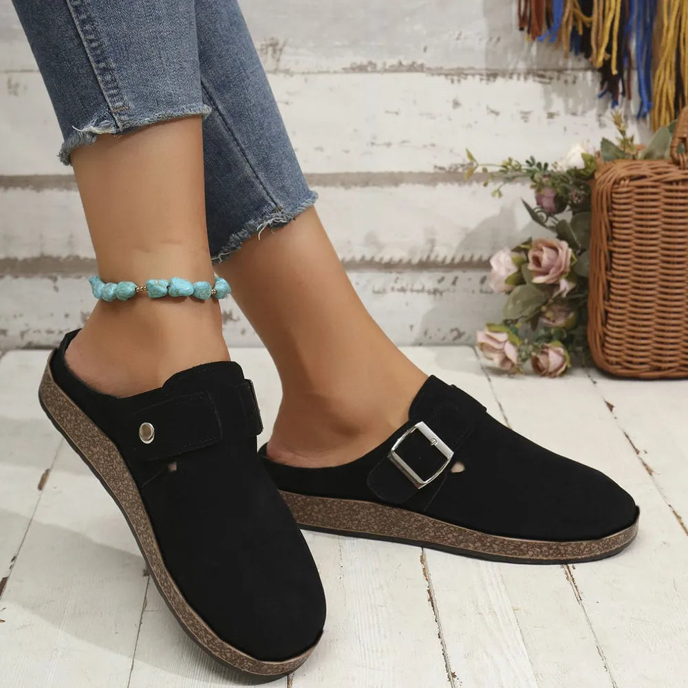 Suede Round Toe Buckle Slip-Ons, view 2