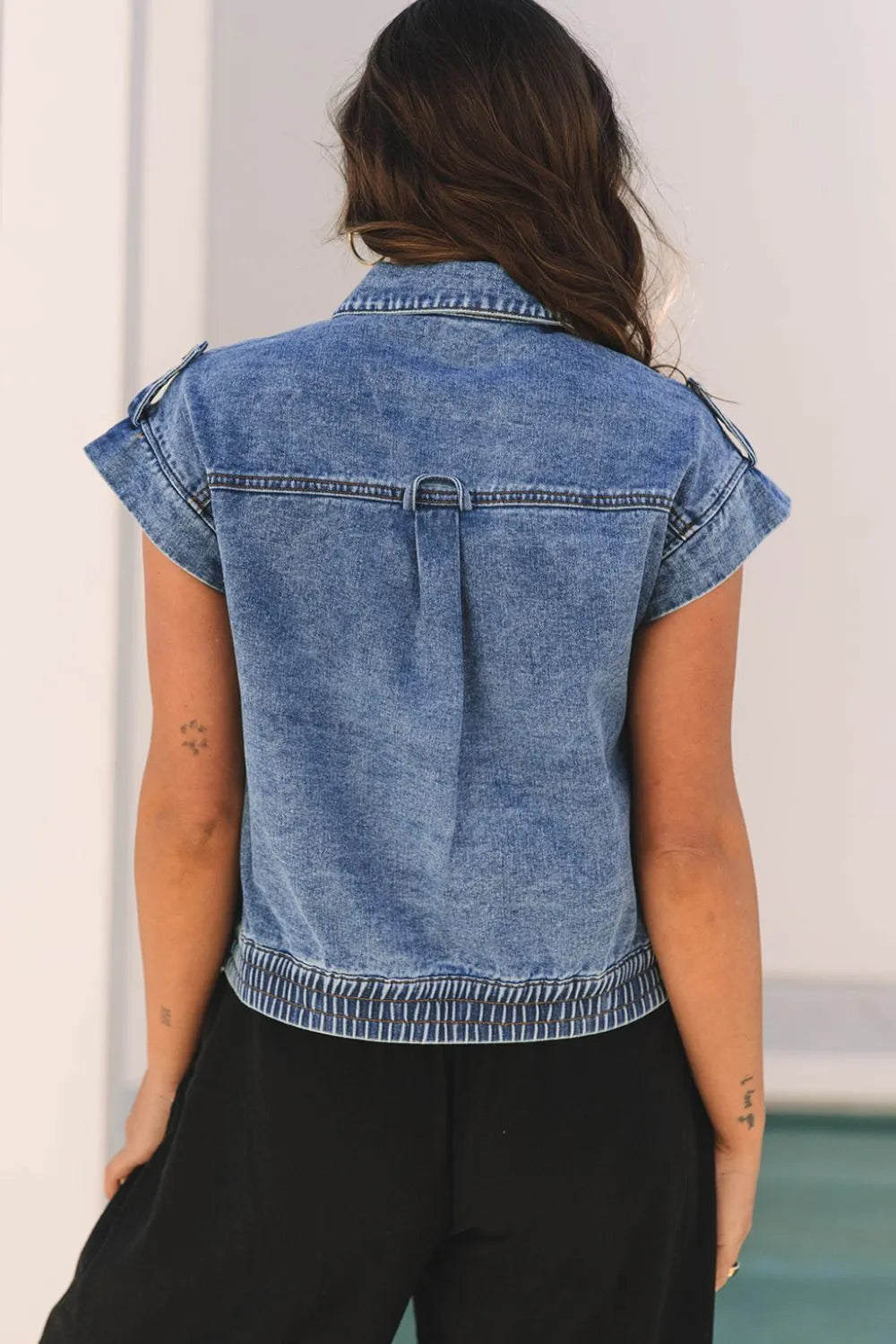 Button Up Cap Sleeve Denim Jacket, view 2