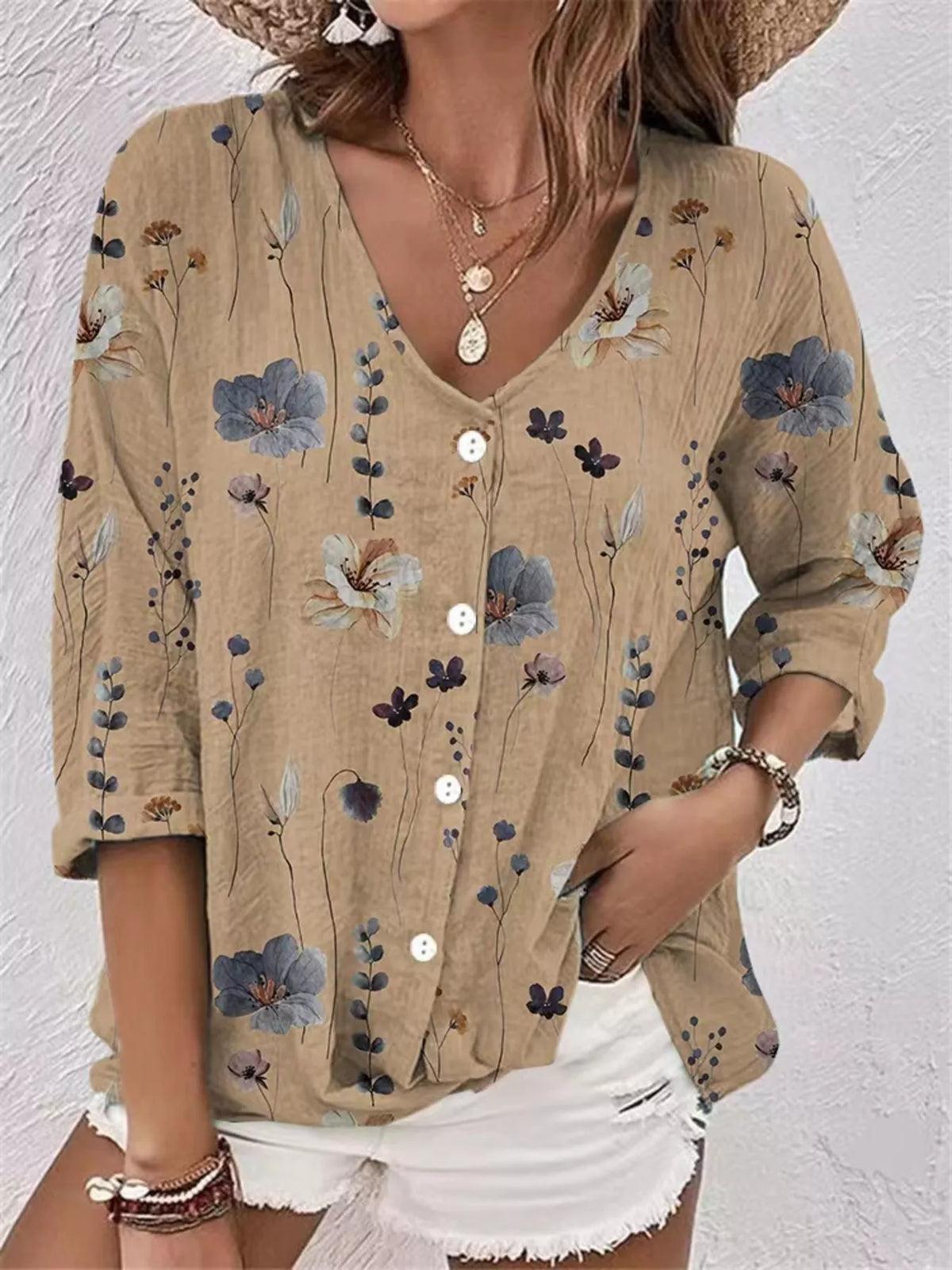 Floral Print V-Neck Button-Down Shirt - Lilixa.store
