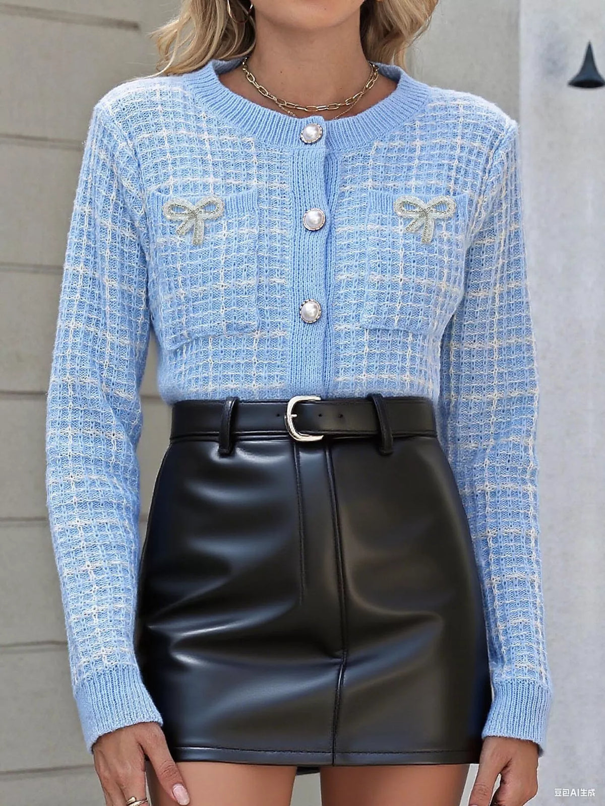 Tweed-Style Bow Button-Down Cardigan - Lilixa.store