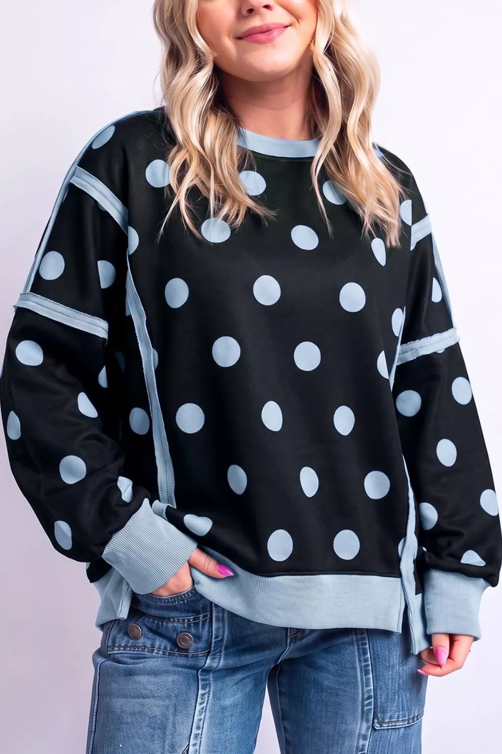 Polka Dot Crew Neck Sweatshirt - Lilixa.store