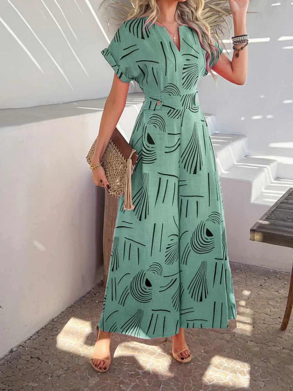 Devine Printed Notched Short Sleeve Wide Leg Jumpsuit - Lilixa.store