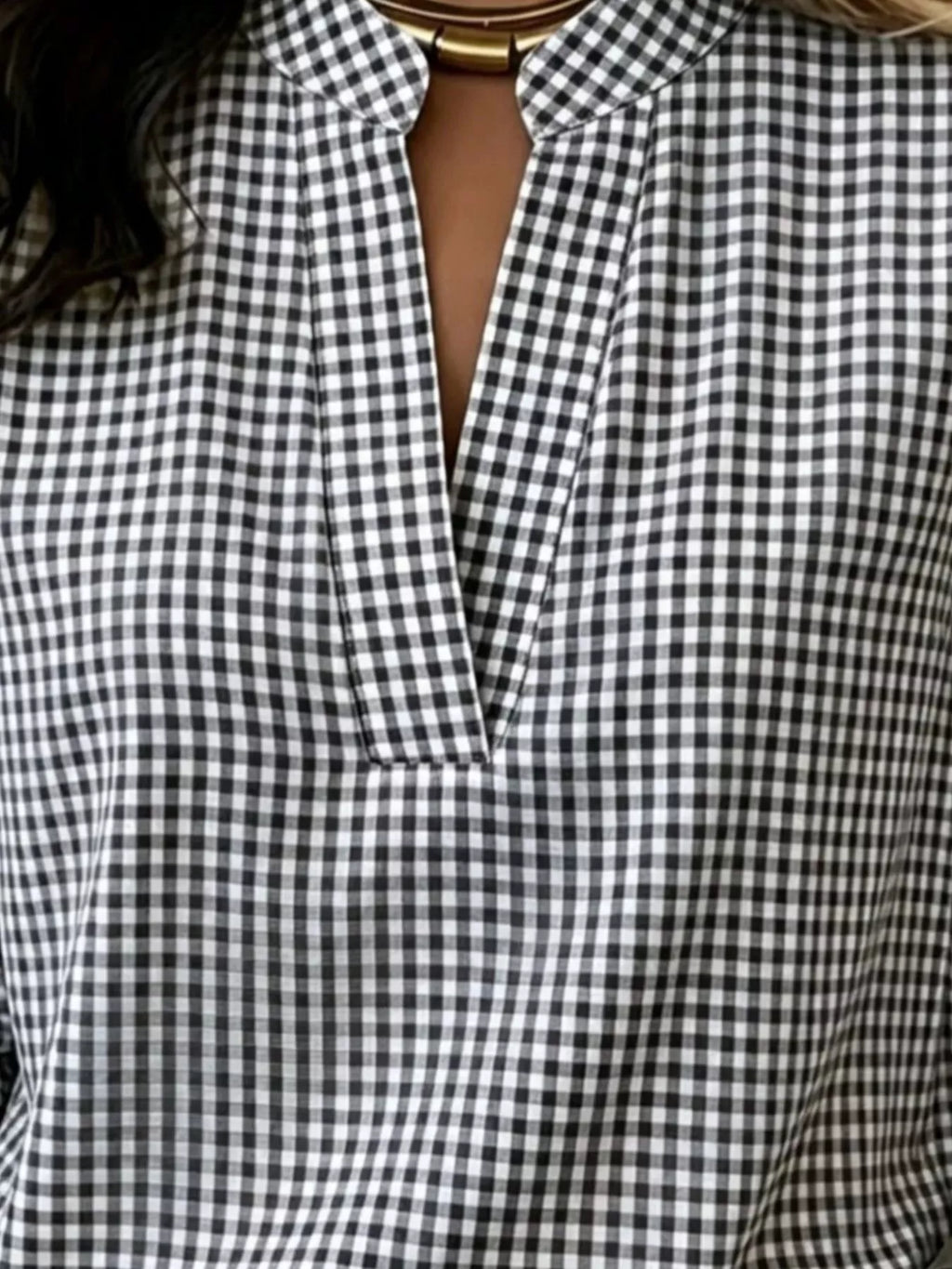 Full Size Plaid Notched Long Sleeve Blouse Plus Size - Lilixa.store